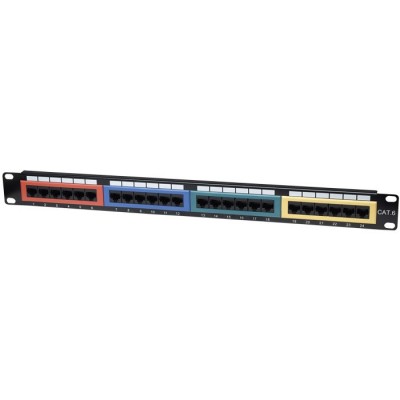 Patch panel κατηγορίας CAT6 UTP, 24 θυρών χωρισμένων σε 4 εξάδες διαφορετικών χρωματισμών για πιο εύκολη ομαδοποίηση της καλωδίωσης σας INT 513692