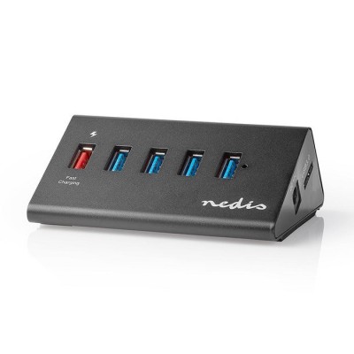 USB 3.0 Hub 4 θυρών   1 θύρα QC3.0 με τροφοδοτικό, σε μαύρο χρώμα 