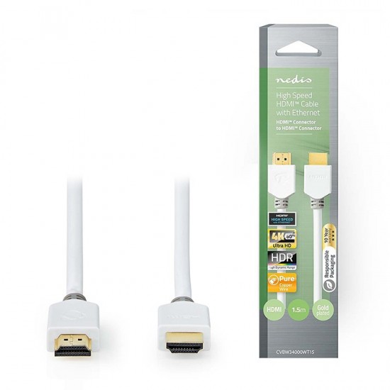 Καλώδιο Premium High speed HDMI with Ethernet, HDMI αρσ. - HDMI αρσ. 1.5m, σε άσπρο χρώμα NEDIS CVBW34000WT15