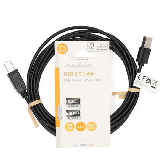 Καλώδιο USB High-Speed A αρσ. - USB B αρσ., 3.00m NEDIS CCGL60101BK30