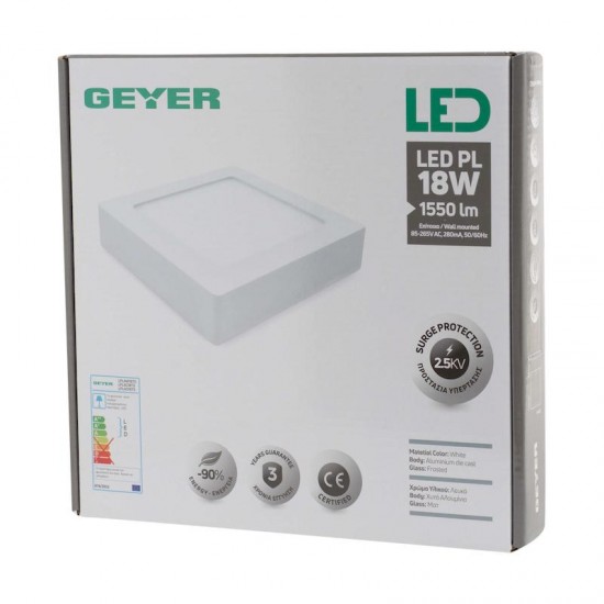 Επίτοιχο PL LED τετράγωνο 18W 3000K 1550lm 225x225mm - LPLAW18TS GEYER