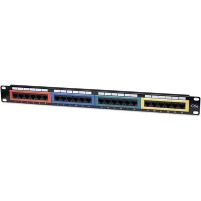 Patch panel κατηγορίας CAT 5e UTP, 24 θυρών χωρισμένων σε 4 εξάδες διαφορετικών χρωματισμών για την πιο εύκολη ομαδοποίηση της καλωδίωσης σας INT 513678