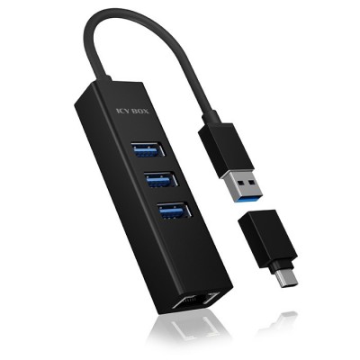 USB 3.0 Hub και αντάπτορας δικτύου αλουμινίου, µε σύνδεσεις 3x θύρες Type-A x θύρα Gigabit LAN σε μαύρο χρώμα IB-HUB1419